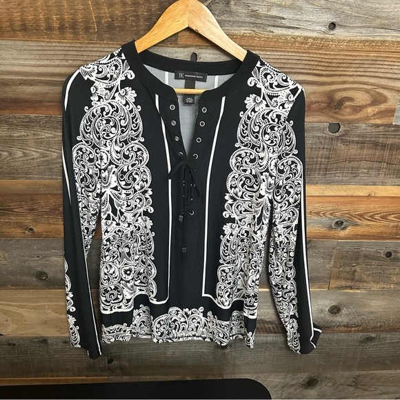 INC International Concepts Top Womens Small Black White Scroll Lace Long Sleeves - Picture 2 of 8